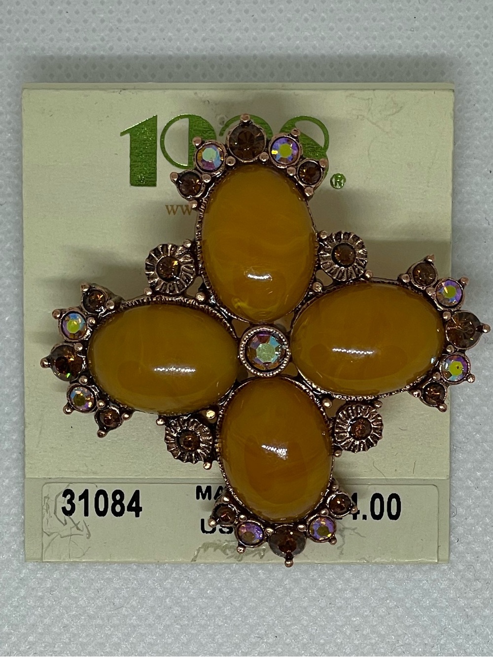 1928 Golden Amber Cabochon Floral Cross Brooch Retired Design